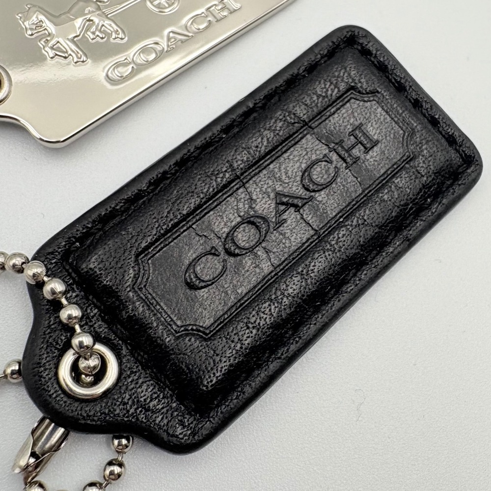 Coach Purse Hangtag Set Black Leather Silver Metal Carriage Chain Charm‎ Set - Picture 2 of 5